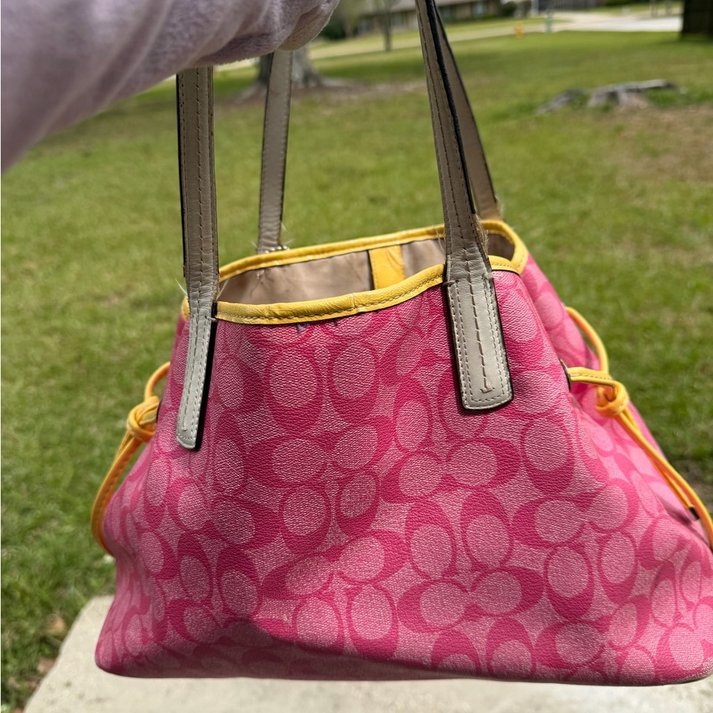Coach Pink Signature Tote with Yellow Stripe - Picture 7 of 16